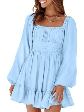 Light Blue Square Neck Long Sleeve Mini Dress